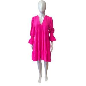 Tuckernuck POMANDER PLACE Electric Pink Crepe Kenzo Dress Long Sleeve size XS